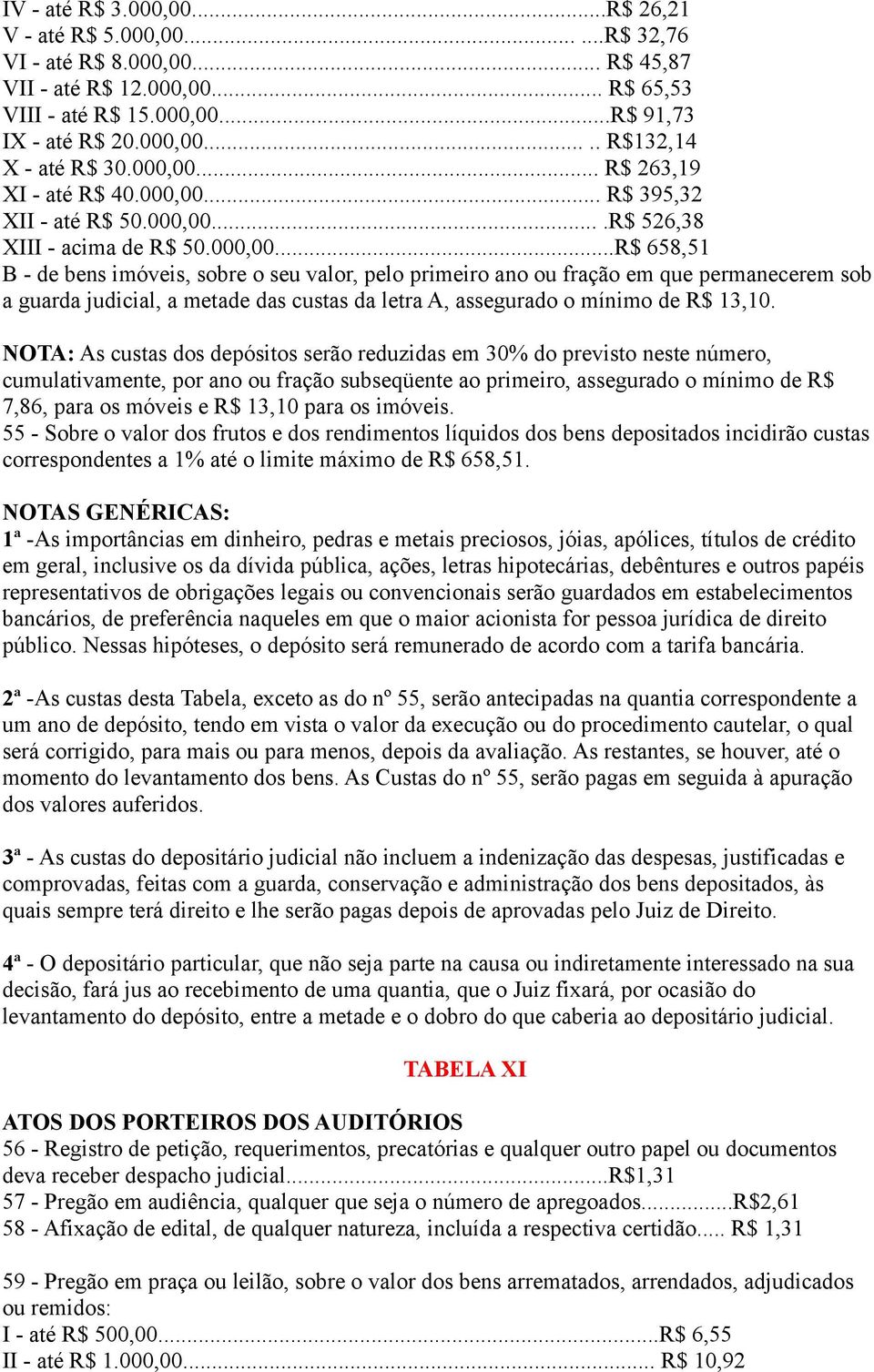 NOTA: As custas dos depósitos serão reduzidas em 30% do previsto neste número, cumulativamente, por ano ou fração subseqüente ao primeiro, assegurado o mínimo de R$ 7,86, para os móveis e R$ 13,10