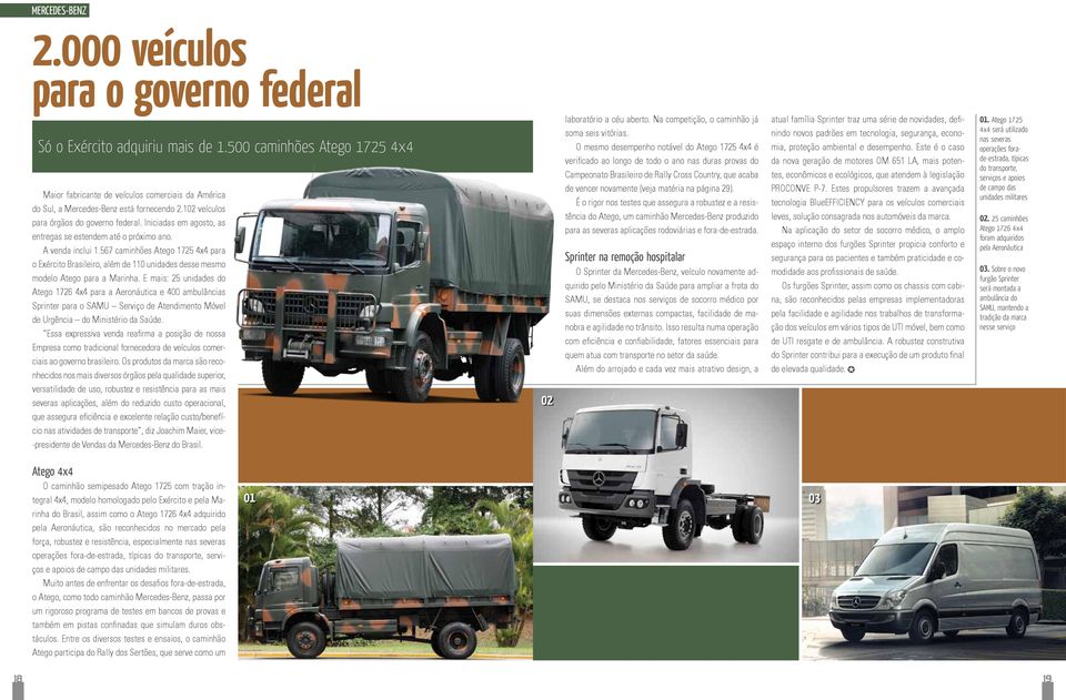 Iniciadas em agosto, as entregas se estendem até o próximo ano. A venda inclui 1.567 caminhões Atego 1725 4x4 para o Exército Brasileiro, além de 110 unidades desse mesmo modelo Atego para a Marinha.