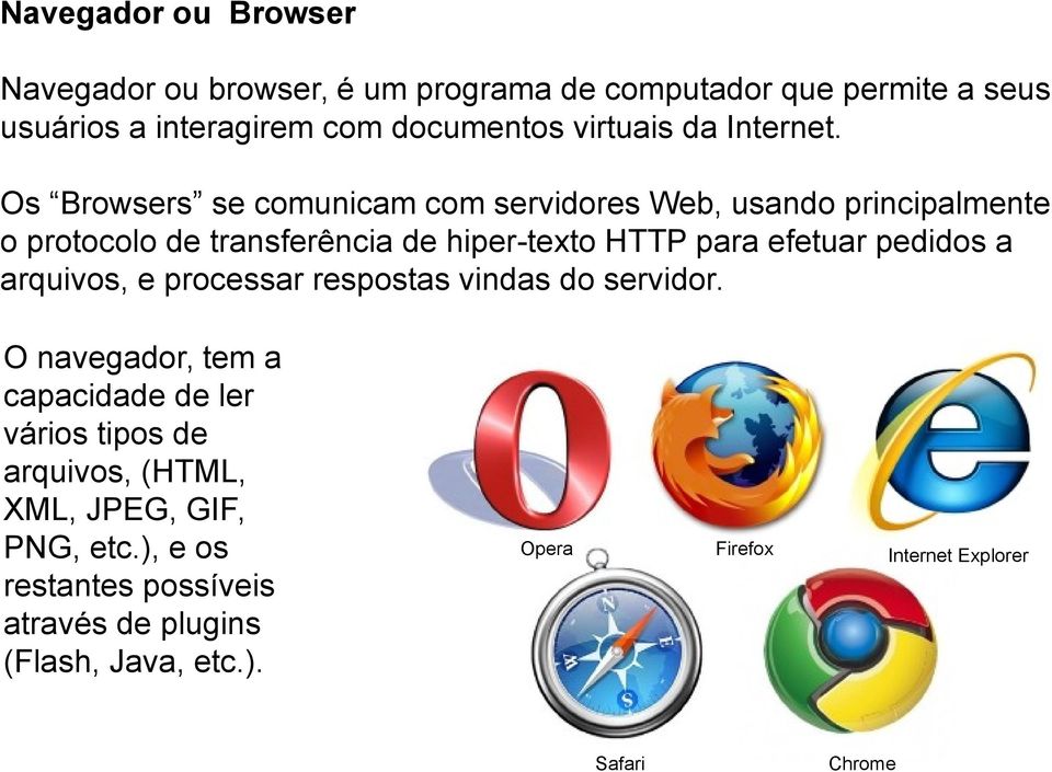 Os Browsers se comunicam com servidores Web, usando principalmente o protocolo de transferência de hiper-texto HTTP para efetuar pedidos
