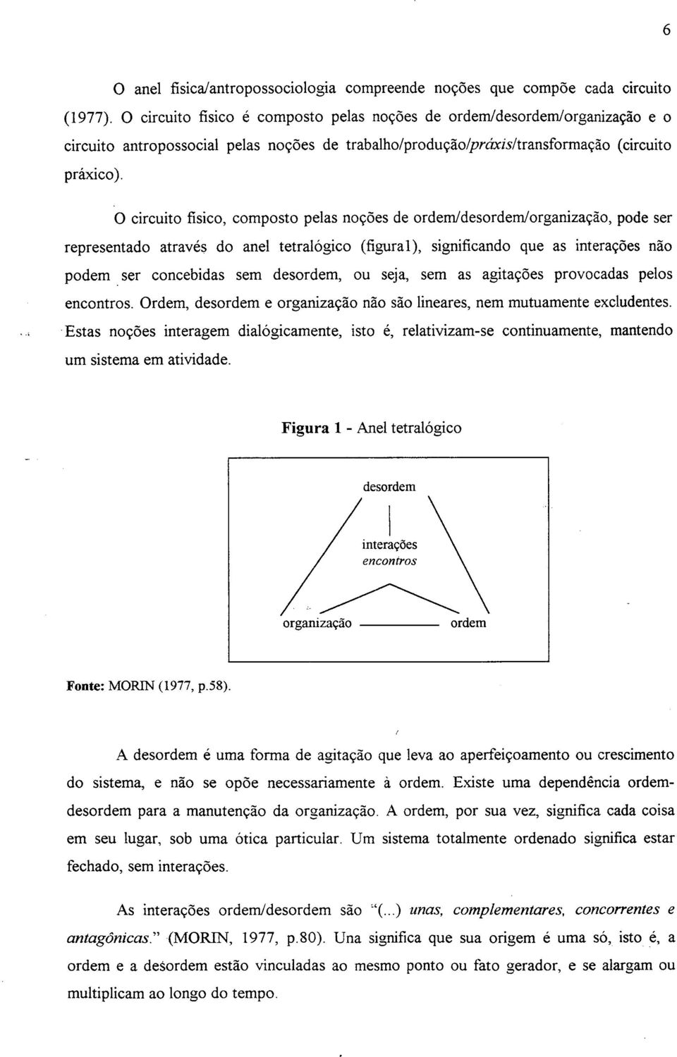 O circuito fisico, composto pelas noções de ordem/desordem/organização, pode ser representado através do anel tetralógico (figural), significando que as interações não podem ser concebidas sem