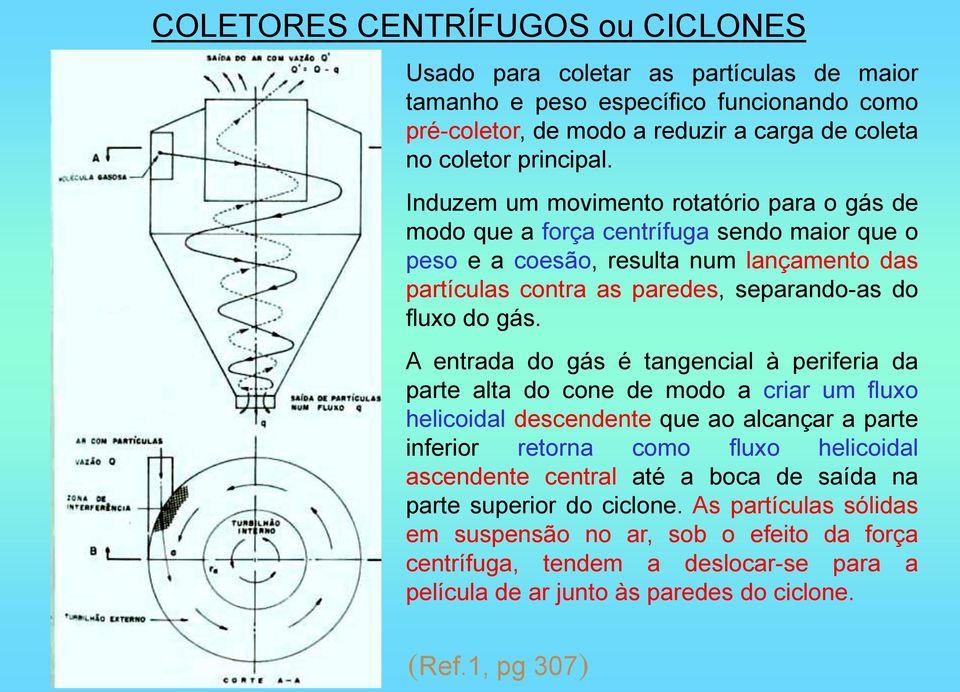 A entrada do gás é tangencial à periferia da parte alta do cone de modo a criar um fluxo helicoidal descendente que ao alcançar a parte inferior retorna como fluxo helicoidal ascendente central até