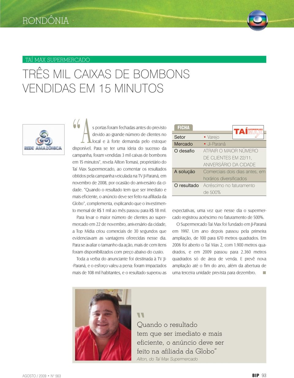 Para se ter uma ideia do sucesso da campanha, foram vendidas 3 mil caixas de bombons em 15 minutos, revela Ailton Tomasi, proprietário do Taí Max Supermercado, ao comentar os resultados obtidos pela