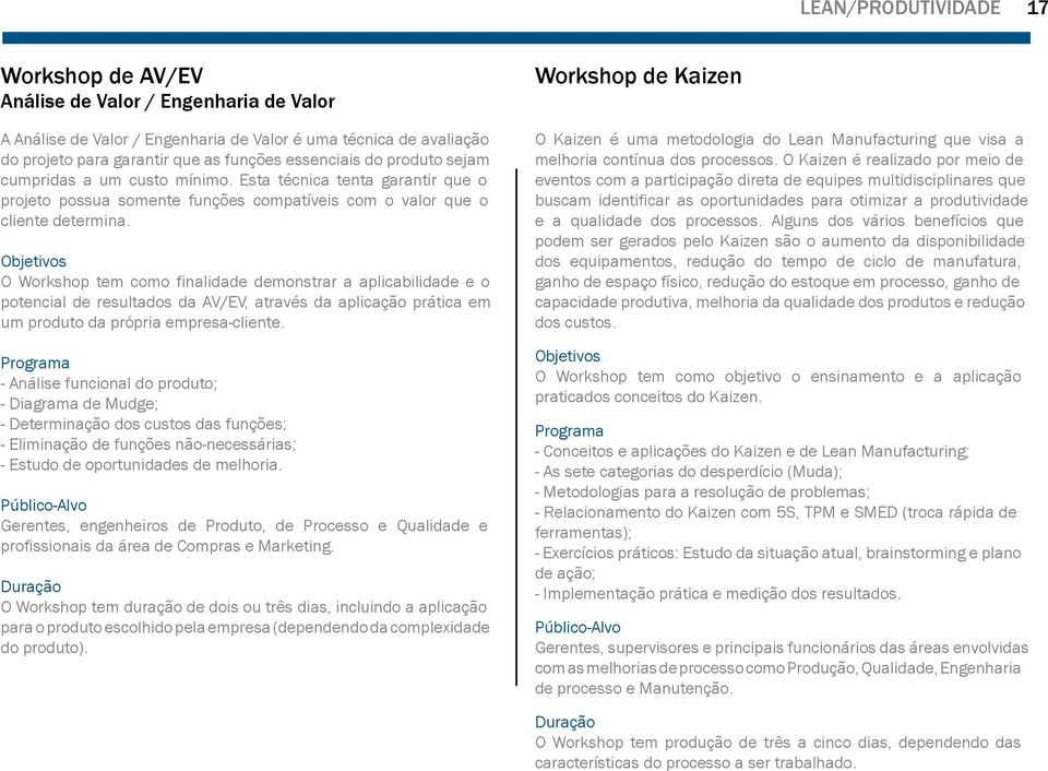 O Workshop tem como finalidade demonstrar a aplicabilidade e o potencial de resultados da AV/EV, através da aplicação prática em um produto da própria empresa-cliente.