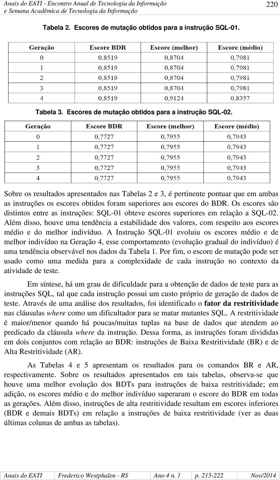 Os escores são distintos entre as instruções: SQL-01 obteve escores superiores em relação a SQL-02.