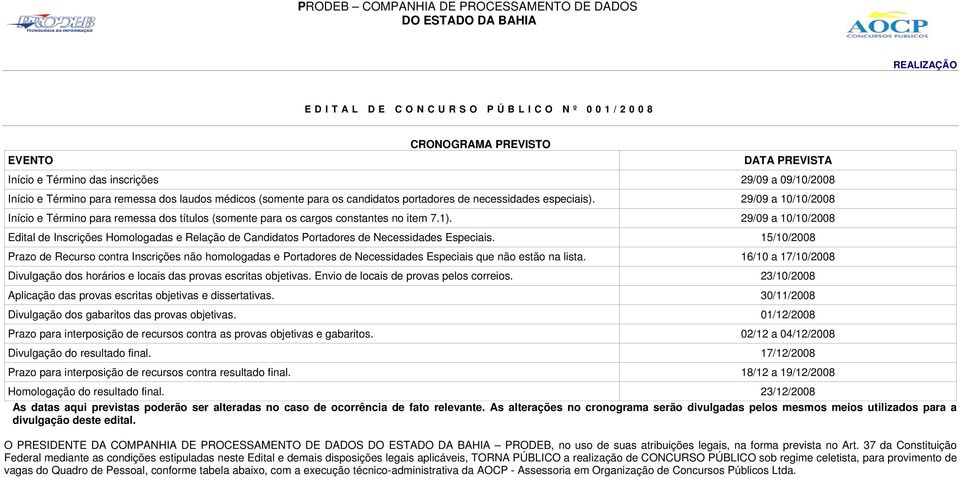 29/09 a 10/10/2008 Edital de Inscrições Homologadas e Relação de Candidatos Portadores de Necessidades Especiais.