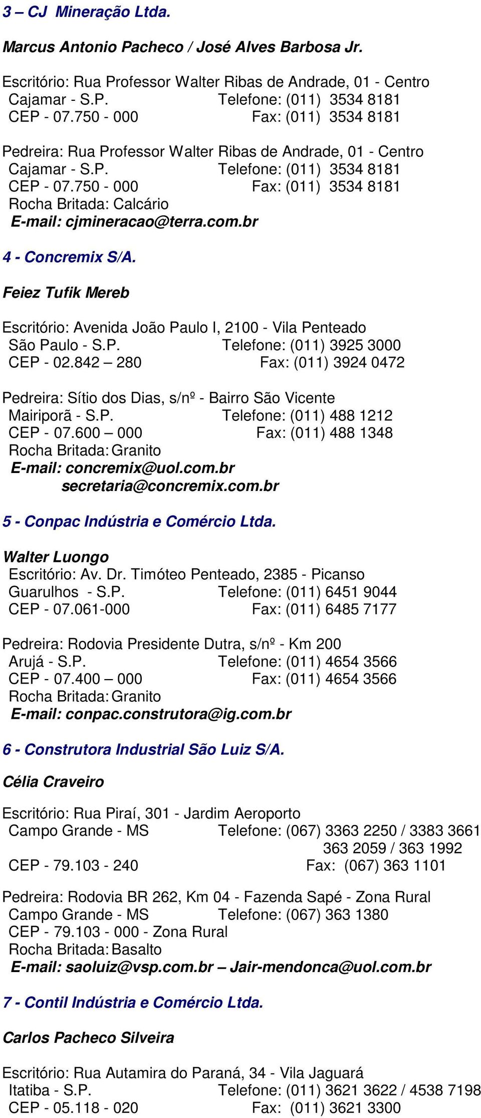 750-000 Fax: (011) 3534 8181 Rocha Britada: Calcário E-mail: cjmineracao@terra.com.br 4 - Concremix S/A. Feiez Tufik Mereb Escritório: Avenida João Paulo I, 2100 - Vila Penteado São Paulo - S.P. Telefone: (011) 3925 3000 CEP - 02.