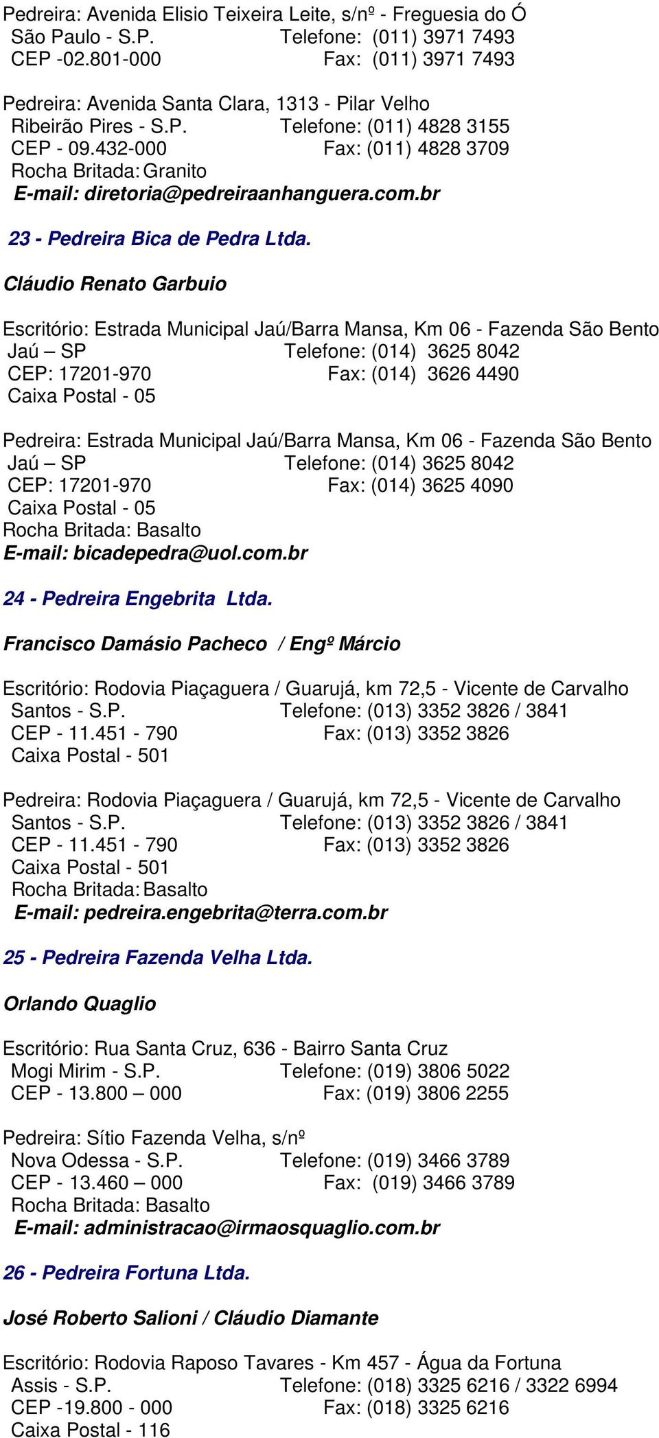 432-000 Fax: (011) 4828 3709 E-mail: diretoria@pedreiraanhanguera.com.br 23 - Pedreira Bica de Pedra Ltda.