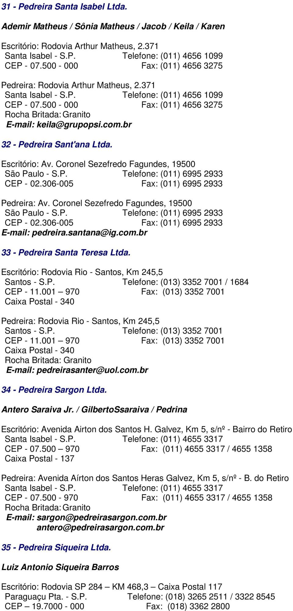 br 32 - Pedreira Sant'ana Ltda. Escritório: Av. Coronel Sezefredo Fagundes, 19500 São Paulo - S.P. Telefone: (011) 6995 2933 CEP - 02.306-005 Fax: (011) 6995 2933 Pedreira: Av.