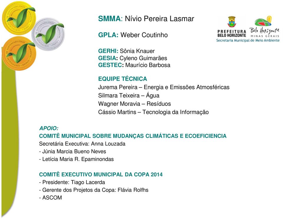 APOIO: COMITÊ MUNICIPAL SOBRE MUDANÇAS CLIMÁTICAS E ECOEFICIENCIA Secretária Executiva: Anna Louzada - Júnia Marcia Bueno Neves -