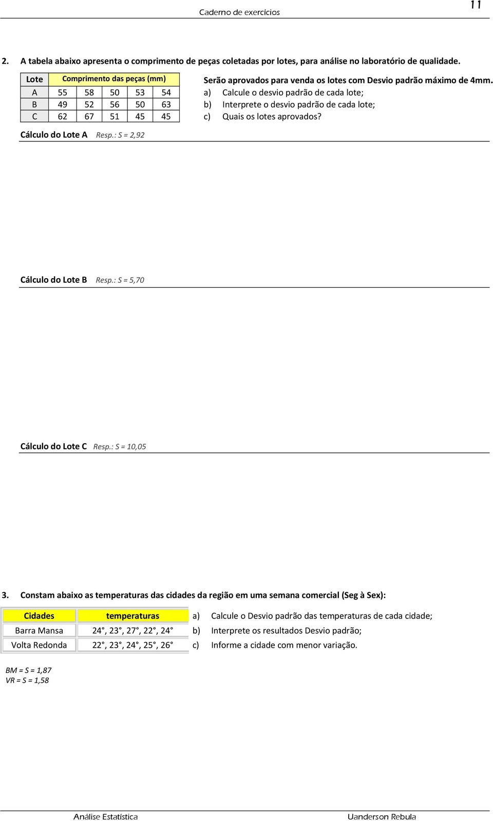 A a) Calcule o desvio padrão de cada lote; B 9 6 6 b) Interprete o desvio padrão de cada lote; C 6 67 1 c) Quais os lotes aprovados? Cálculo do Lote A Resp.: S =,9 Cálculo do Lote B Resp.