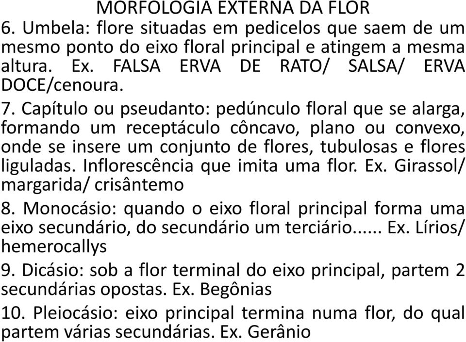 Capítulo ou pseudanto: pedúnculo floral que se alarga, formando um receptáculo côncavo, plano ou convexo, onde se insere um conjunto de flores, tubulosas e flores liguladas.