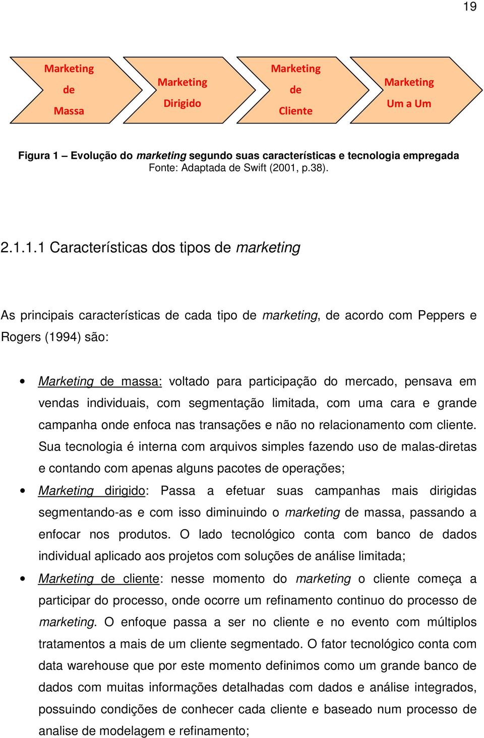1.1 Características dos tipos de marketing As principais características de cada tipo de marketing, de acordo com Peppers e Rogers (1994) são: Marketing de massa: voltado para participação do