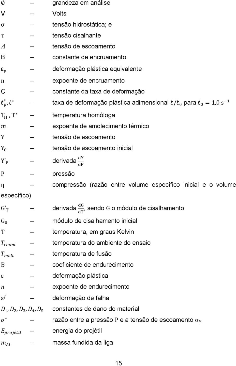 entre volume específico inicial e o volume específico) derivada, sendo o módulo de cisalhamento módulo de cisalhamento inicial temperatura, em graus Kelvin temperatura do ambiente do ensaio