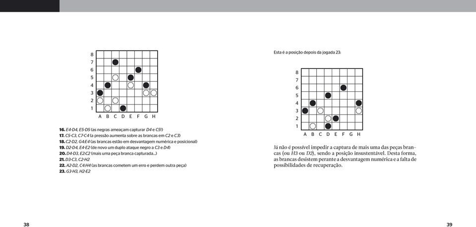 D4-D3, E2:C2 (mais uma peça branca capturada...) 21. D3-C3, C2-H2 22. A2-D2, C4:H4 (as brancas cometem um erro e perdem outra peça) 23.