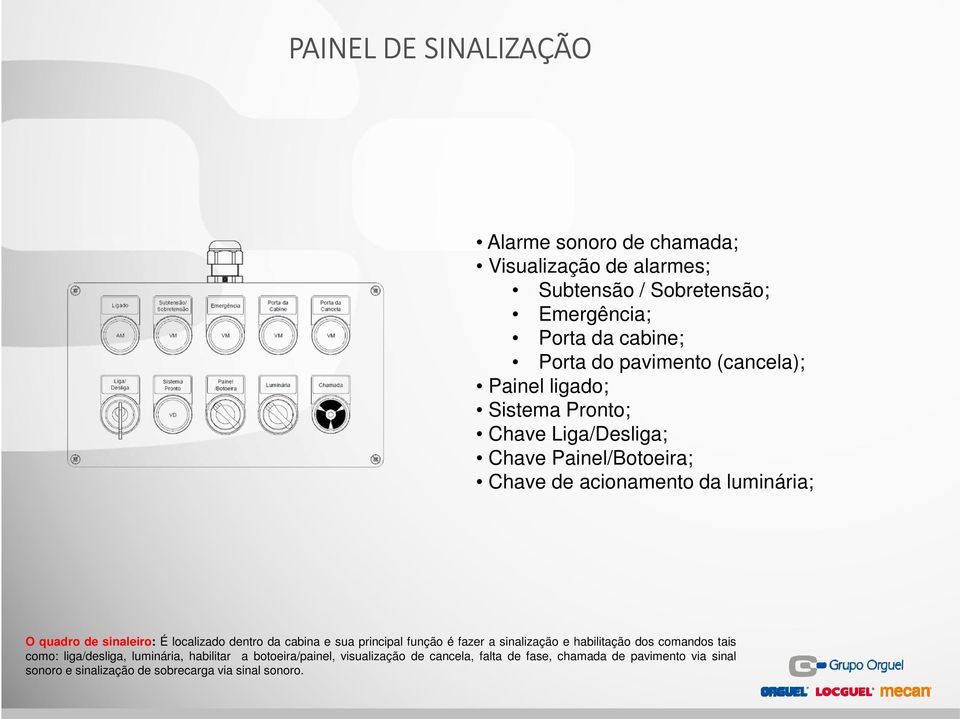 sinaleiro: É localizado dentro da cabina e sua principal função é fazer a sinalização e habilitação dos comandos tais como: liga/desliga,