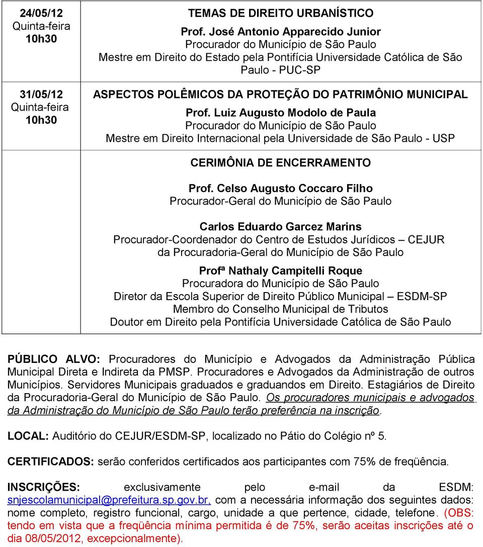 PATRIMÔNIO MUNICIPAL Prof. Luiz Augusto Modolo de Paula Procurador do Município de São Paulo Mestre em Direito Internacional pela Universidade de São Paulo - USP CERIMÔNIA DE ENCERRAMENTO Prof.