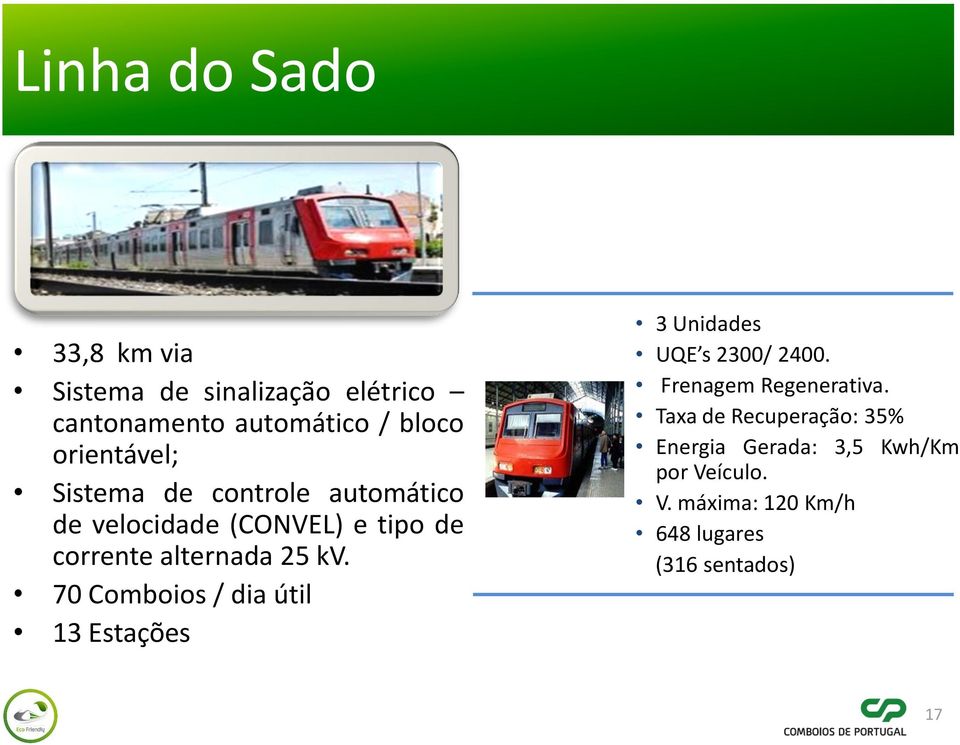 kv. 70 Comboios / dia útil 13 Estações 3 Unidades UQE s 2300/ 2400. Frenagem Regenerativa.