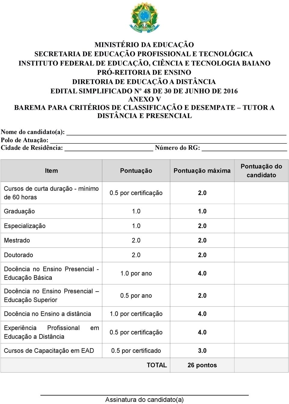 do RG: Item Pontuação Pontuação máxima Pontuação do candidato Cursos de curta duração - mínimo de 60 horas 0.5 por certificação 2.0 Graduação 1.0 1.0 Especialização 1.0 2.0 Mestrado 2.0 2.0 Doutorado 2.