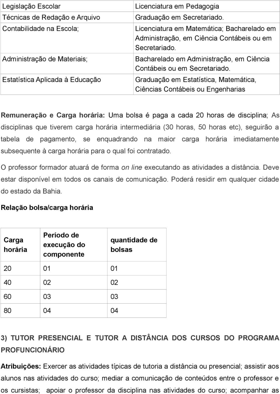 Bacharelado em Administração, em Ciência Contábeis ou em Secretariado.