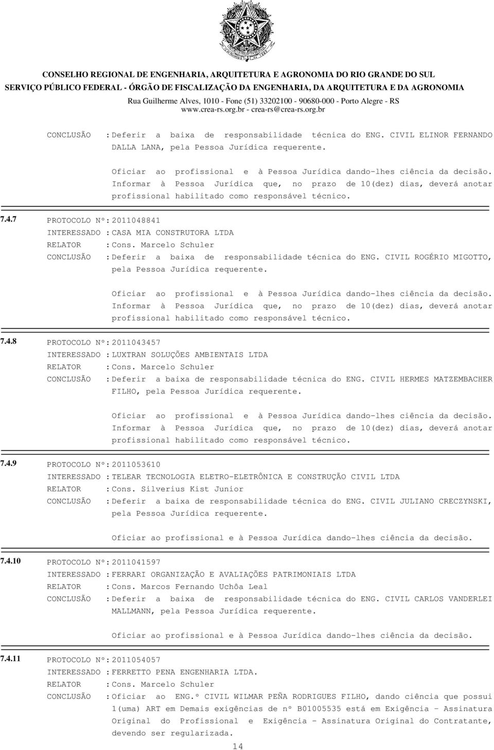 7 PROTOCOLO Nº: 2011048841 INTERESSADO : CASA MIA CONSTRUTORA LTDA CONCLUSÃO : Deferir a baixa de responsabilidade técnica do ENG. CIVIL ROGÉRIO MIGOTTO, pela Pessoa Jurídica requerente.