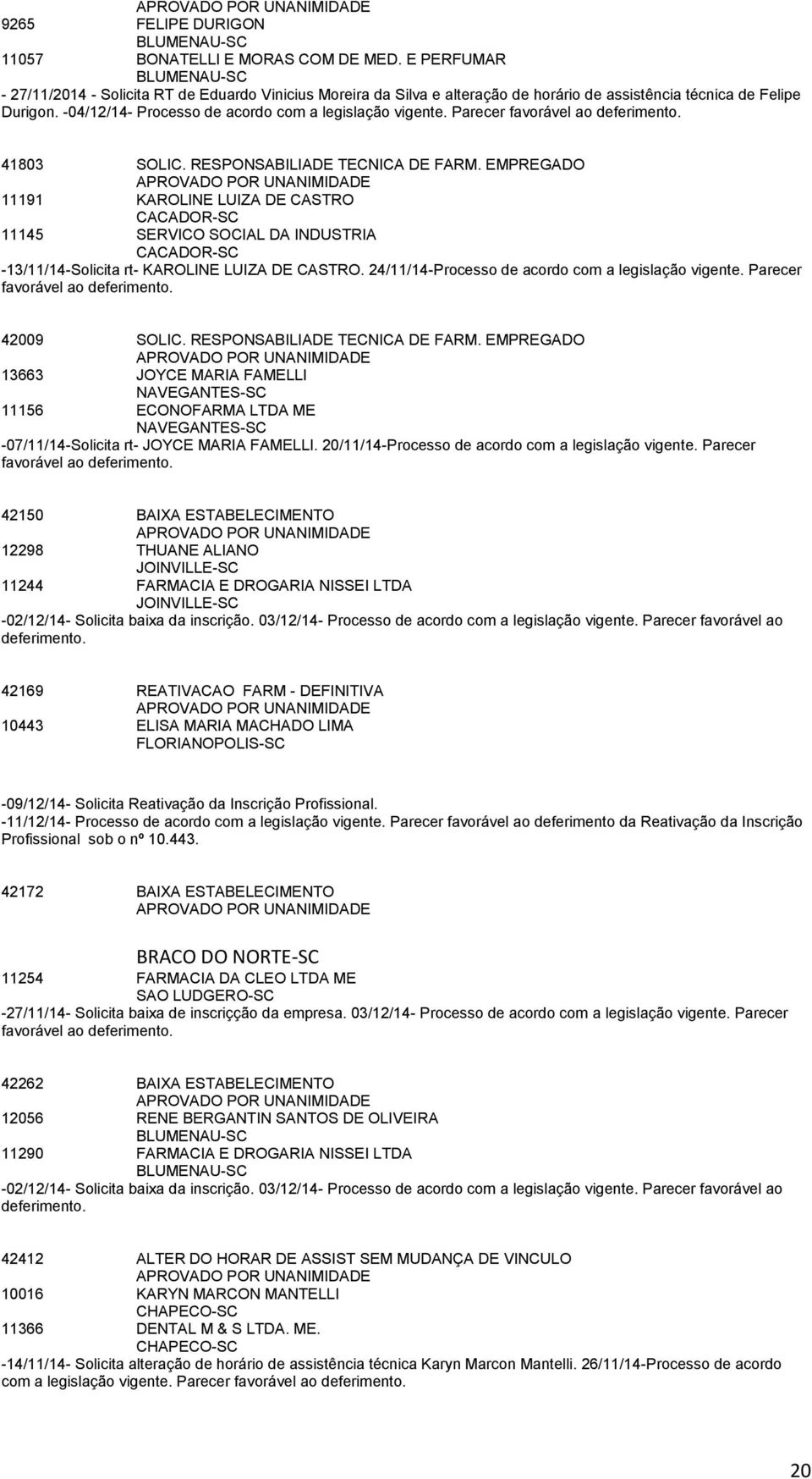 EMPREGADO 11191 KAROLINE LUIZA DE CASTRO CACADOR-SC 11145 SERVICO SOCIAL DA INDUSTRIA CACADOR-SC -13/11/14-Solicita rt- KAROLINE LUIZA DE CASTRO. 24/11/14-Processo de acordo com a legislação vigente.