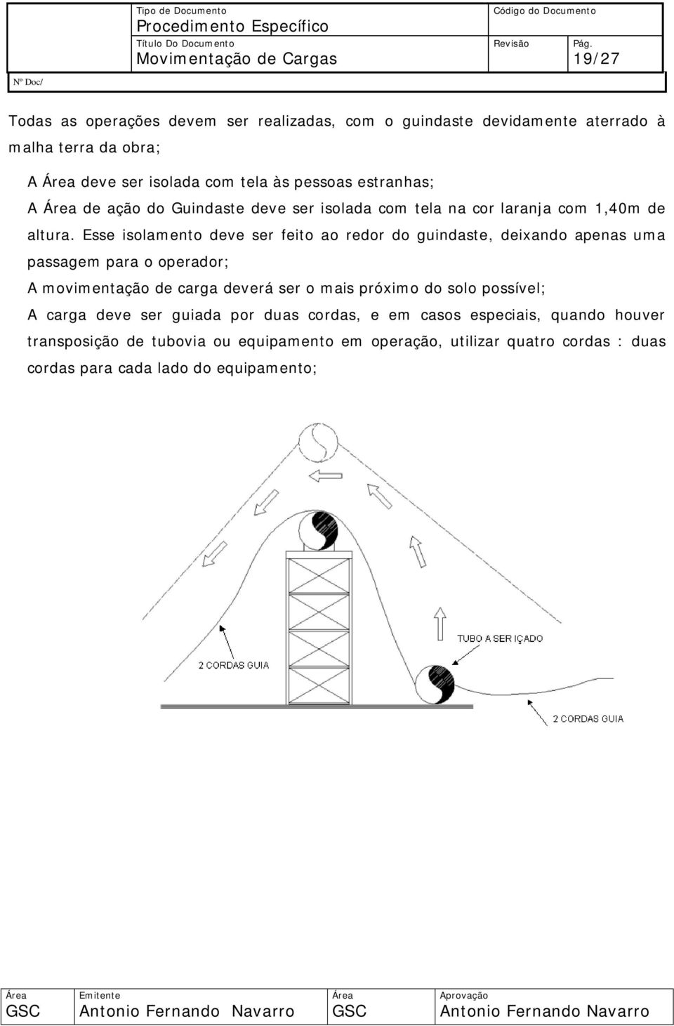 Esse isolamento deve ser feito ao redor do guindaste, deixando apenas uma passagem para o operador; - A movimentação de carga deverá ser o mais próximo