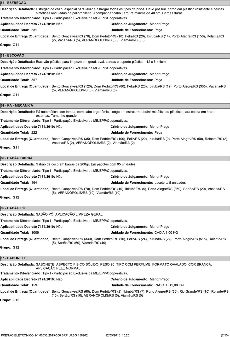 Cerdas duras 331 Local de Entrega (Quantidade): Bento Gonçalves/RS (70), Dom Pedrito/RS (10), Feliz/RS (20), Ibirubá/RS (14), Porto Alegre/RS (150), Rolante/RS (2), Vacaria/RS (5), VERANÓPOLIS/RS