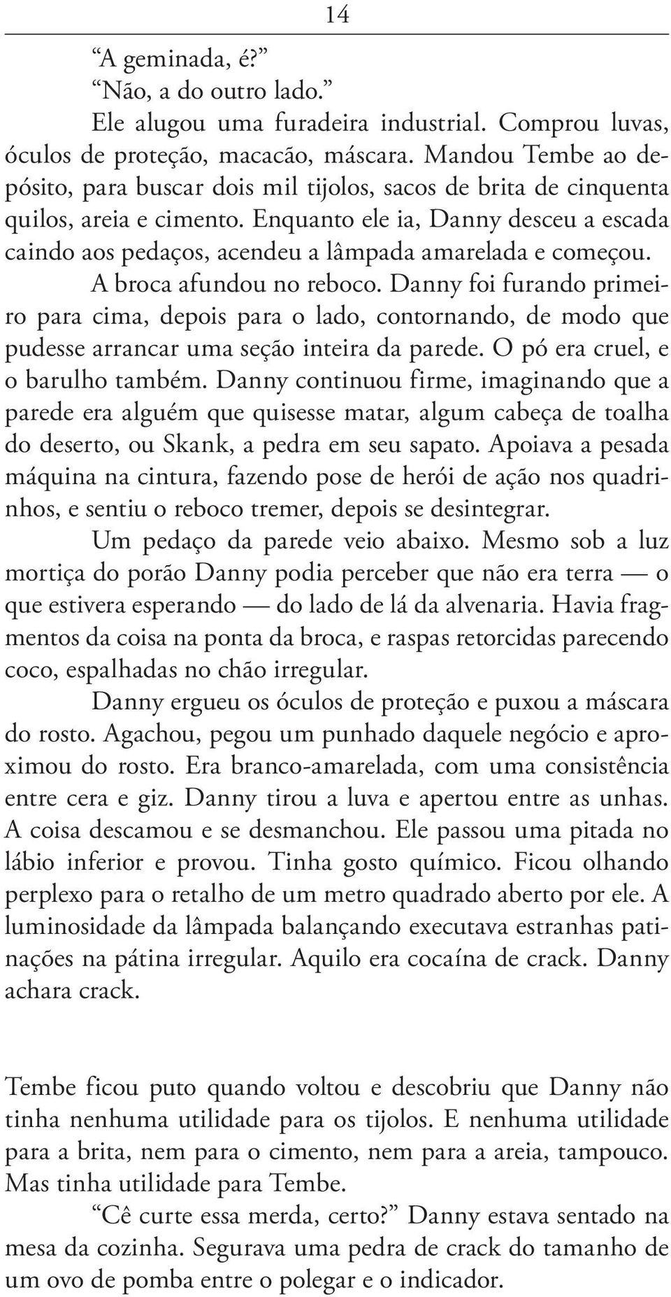 Enquanto ele ia, Danny desceu a escada caindo aos pedaços, acendeu a lâmpada amarelada e começou. A broca afundou no reboco.