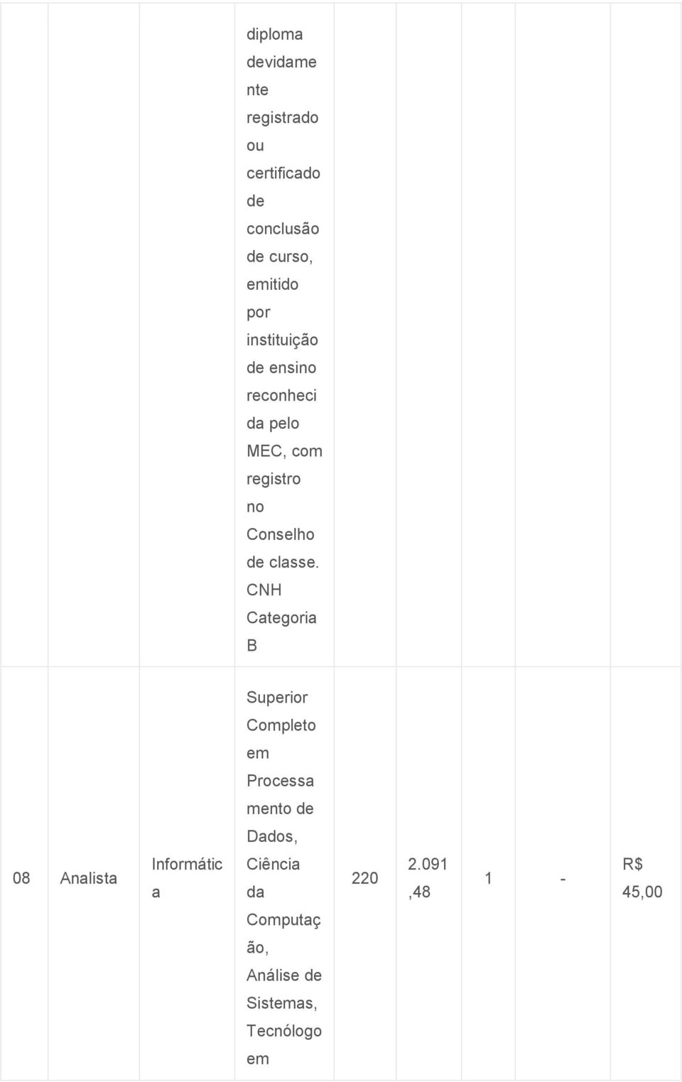 CNH Categoria B Superior Completo em Processa mento de Dados, 08 Analista