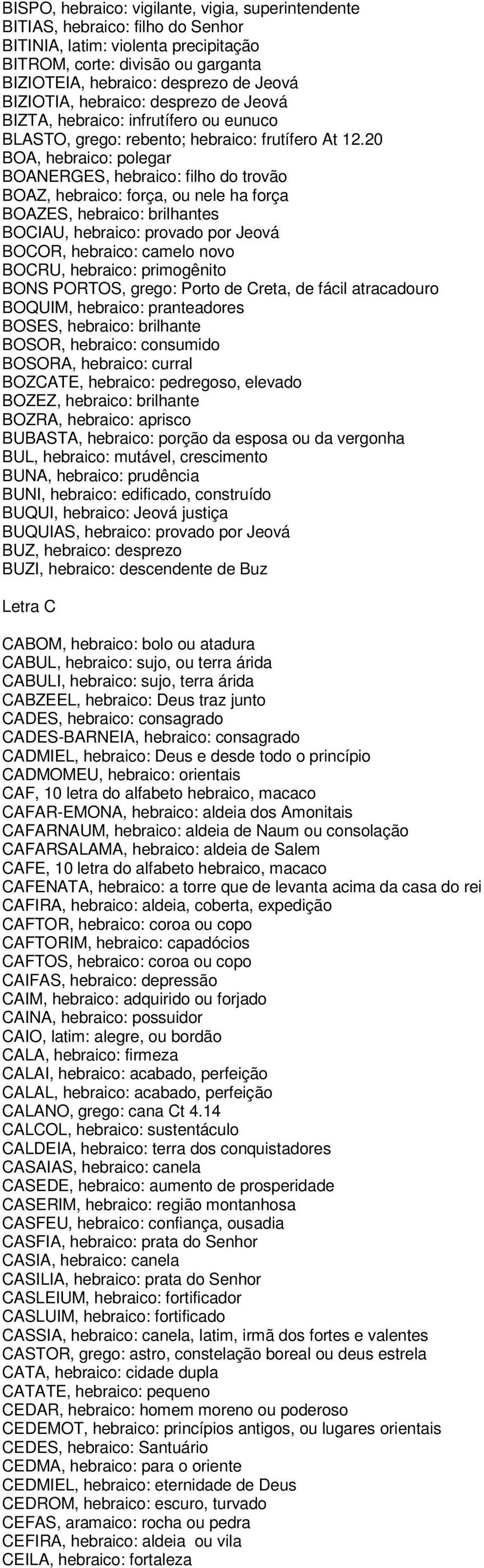 20 BOA, hebraico: polegar BOANERGES, hebraico: filho do trovão BOAZ, hebraico: força, ou nele ha força BOAZES, hebraico: brilhantes BOCIAU, hebraico: provado por Jeová BOCOR, hebraico: camelo novo