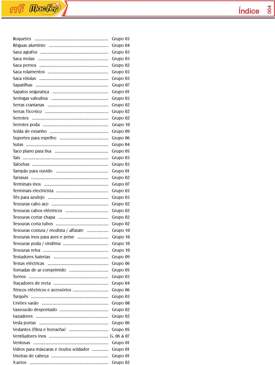 .. Grupo 09 Suportes para espelho... Grupo 06 Sutas... Grupo 04 Taco plano para lixa... Grupo 05 Tais... Grupo 03 Talochas... Grupo 03 Tampão para ouvido... Grupo 01 Tarraxas... Grupo 02 Terminais inox.