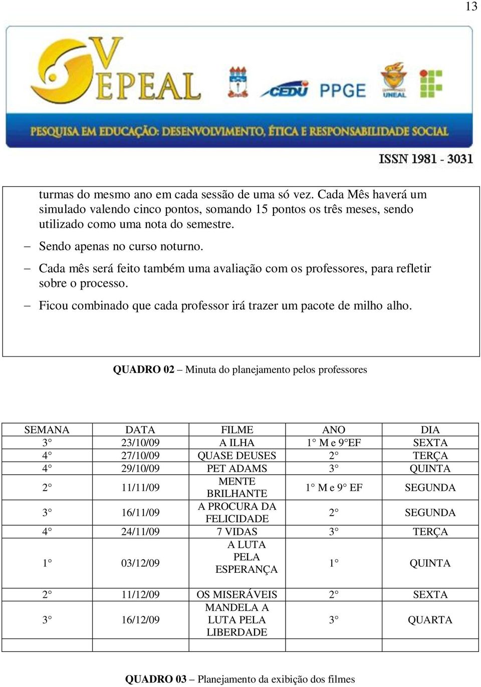 QUADRO 02 Minuta do planejamento pelos professores SEMANA DATA FILME ANO DIA 3 23/10/09 A ILHA 1 M e 9 EF SEXTA 4 27/10/09 QUASE DEUSES 2 TERÇA 4 29/10/09 PET ADAMS 3 QUINTA 2 11/11/09 MENTE