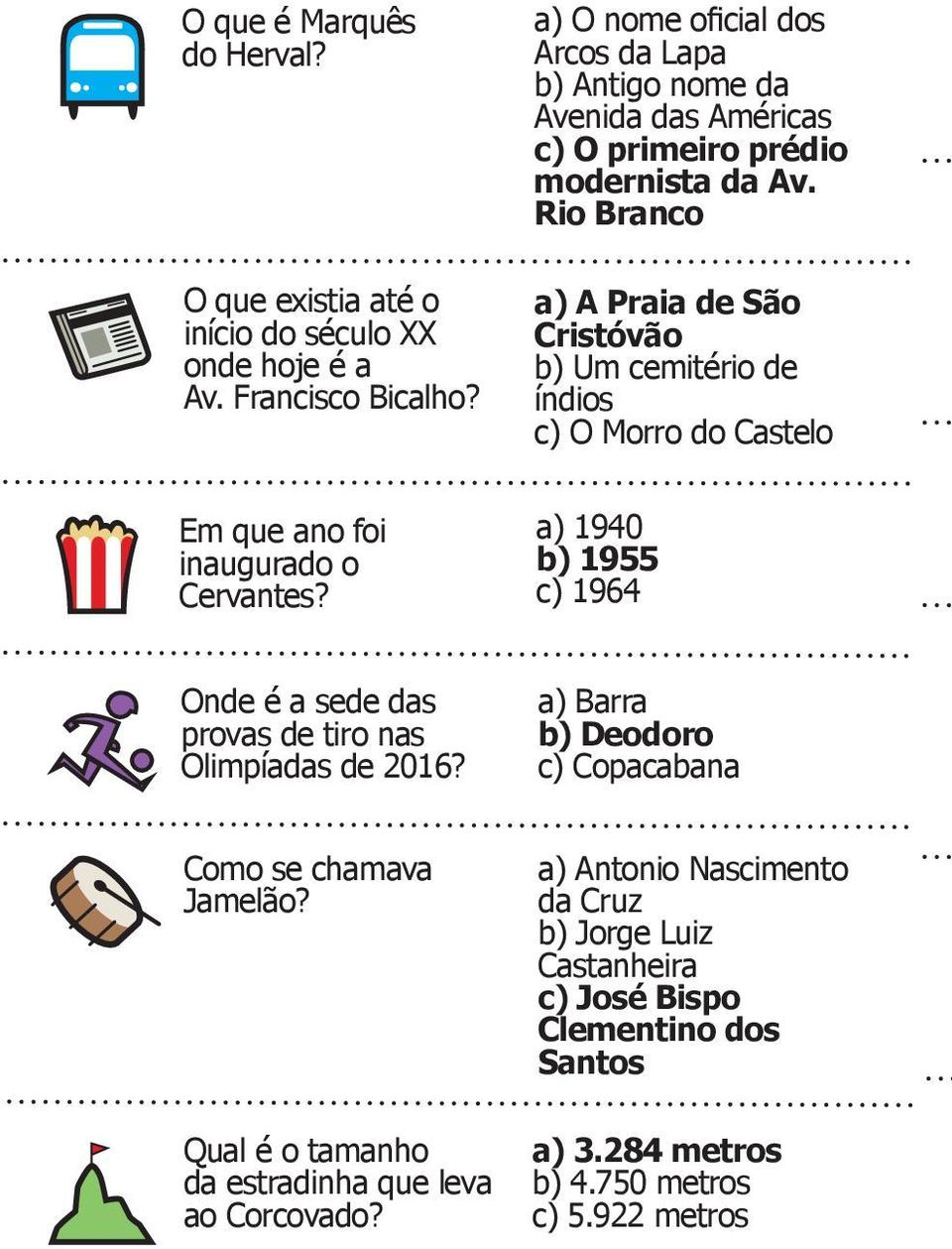 Rio Branco a) A Praia de São Cristóvão b) Um cemitério de índios c) O Morro do Castelo a) 1940 b) 1955 c) 1964 Onde é a sede das provas de tiro nas Olimpíadas de 2016?