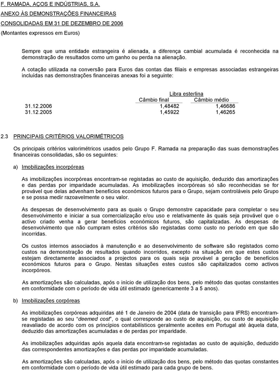 Câmbio médio 31.12.2006 1,48482 1,46686 31.12.2005 1,45922 1,46265 2.3 PRINCIPAIS CRITÉRIOS VALORIMÉTRICOS Os principais critérios valorimétricos usados pelo Grupo F.