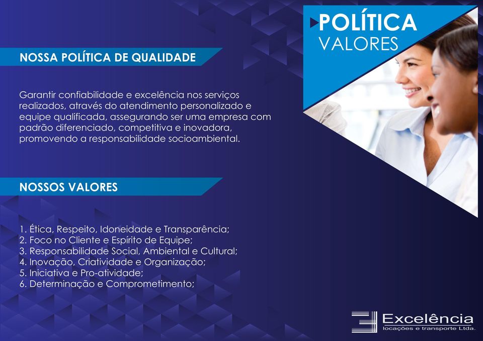 responsabilidade socioambiental. NOSSOS VALORES 1. Ética, Respeito, Idoneidade e Transparência; 2.