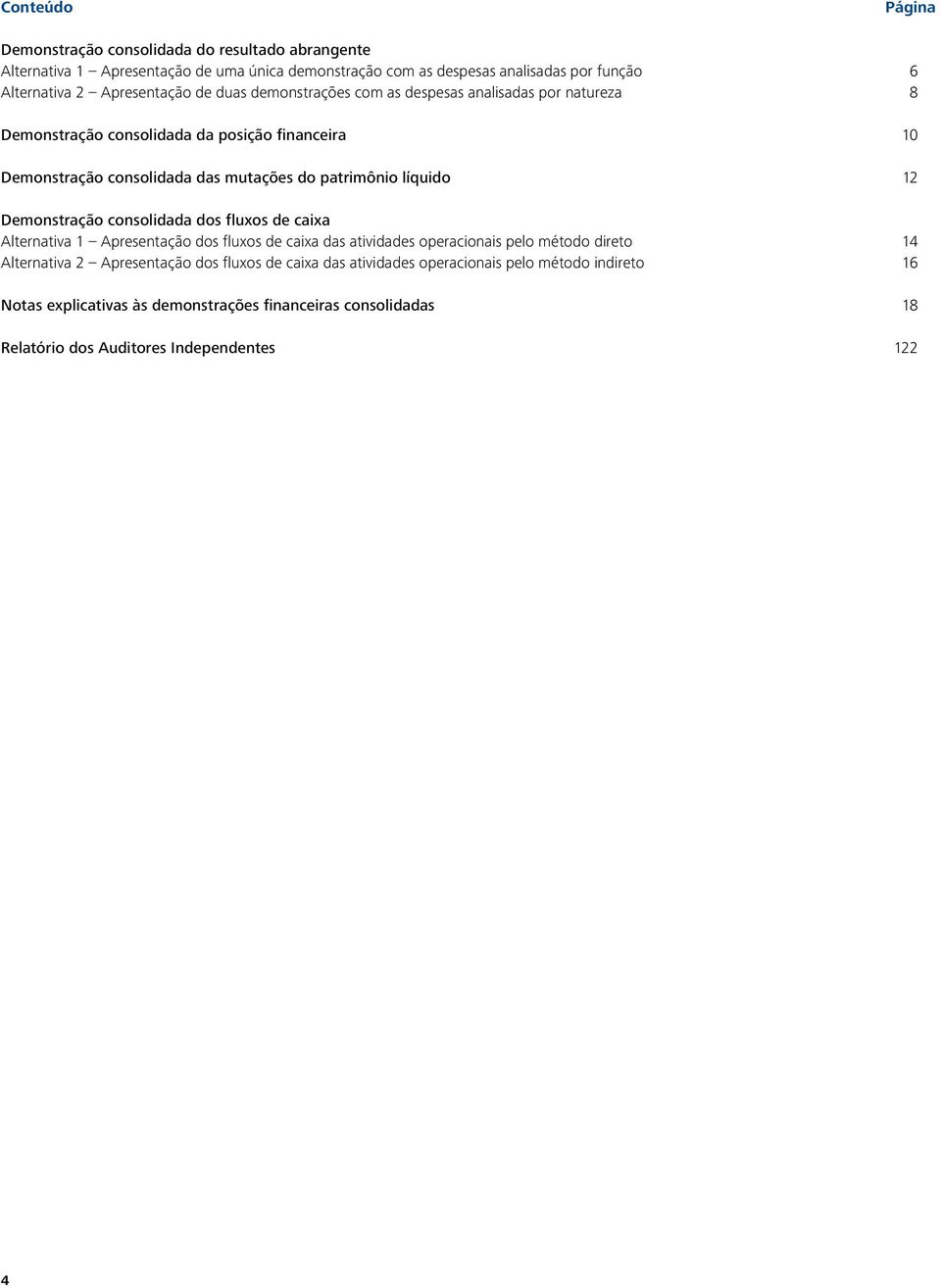 patrimônio líquido 12 Demonstração consolidada dos fluxos de caixa Alternativa 1 Apresentação dos fluxos de caixa das atividades operacionais pelo método direto 14 Alternativa 2