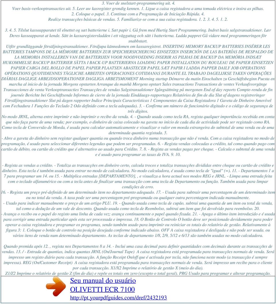 Sæt papir i. Gå frem med Hurtig Start Programmering. Indret basis salgstransaktioner. Lær Deres kasseapparat at kende. Sätt in kassaregistersladden i ett vägguttag och sätt i batterierna.