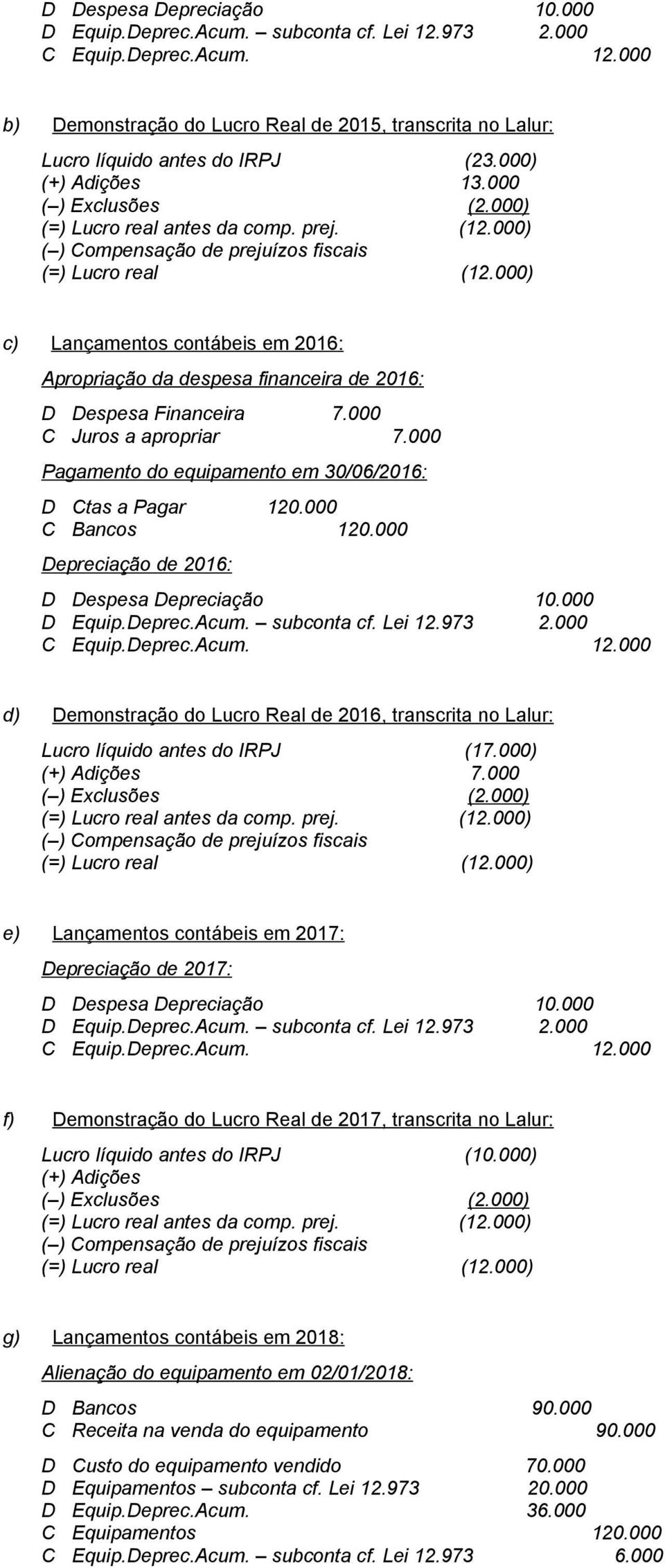 000 Pagamento do equipamento em 30/06/2016: D Ctas a Pagar 120.000 C Bancos 120.000 Depreciação de 2016: D Despesa Depreciação 10.000 D Equip.Deprec.Acum. subconta cf. Lei 12.973 2.000 C Equip.Deprec.Acum. 12.000 d) Demonstração do Lucro Real de 2016, transcrita no Lalur: Lucro líquido antes do IRPJ (17.