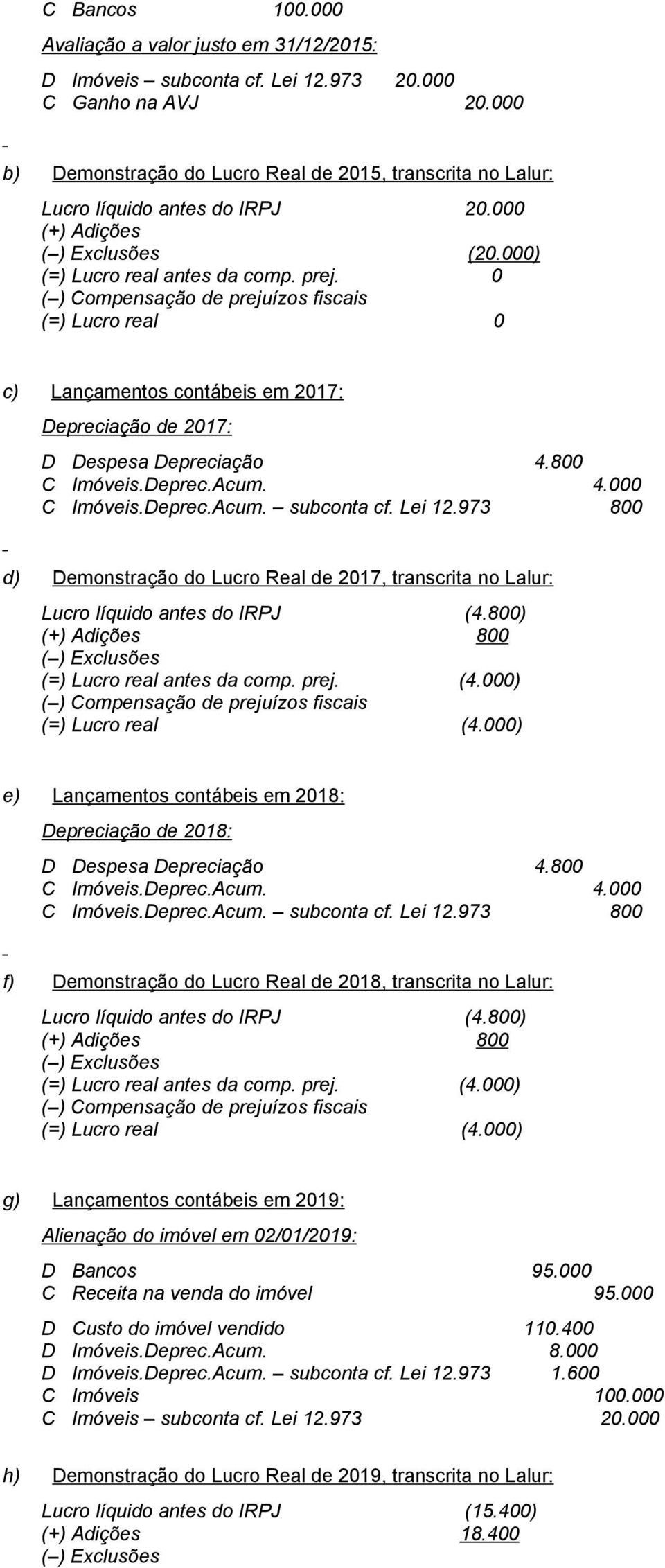 973 800 d) Demonstração do Lucro Real de 2017, transcrita no Lalur: Lucro líquido antes do IRPJ (4.800) 800 (=) Lucro real antes da comp. prej. (4.000) (=) Lucro real (4.