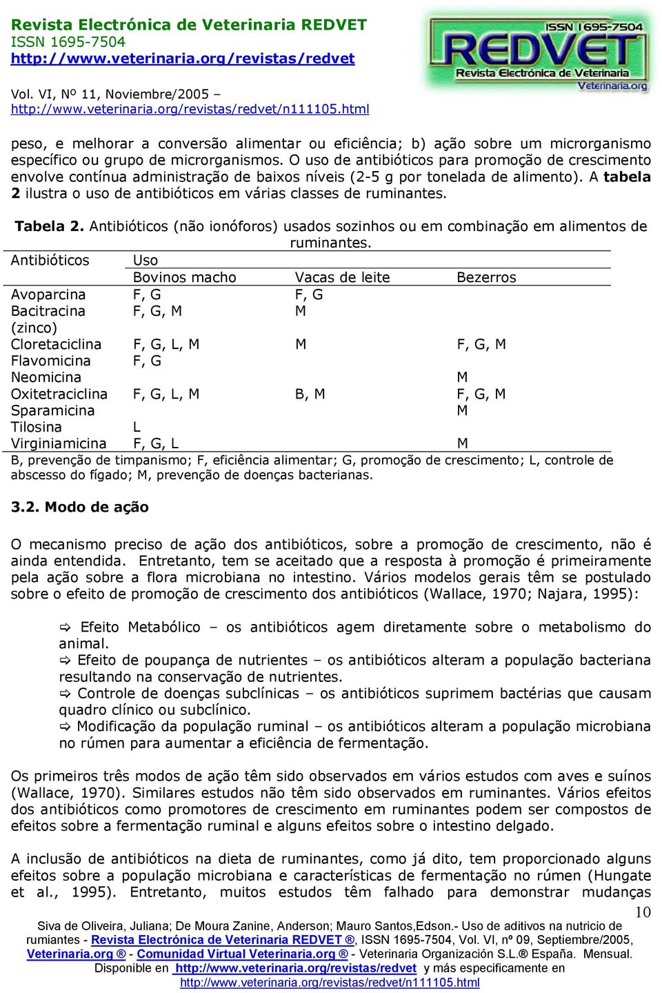 A tabela 2 ilustra o uso de antibióticos em várias classes de ruminantes. Tabela 2. Antibióticos (não ionóforos) usados sozinhos ou em combinação em alimentos de ruminantes.