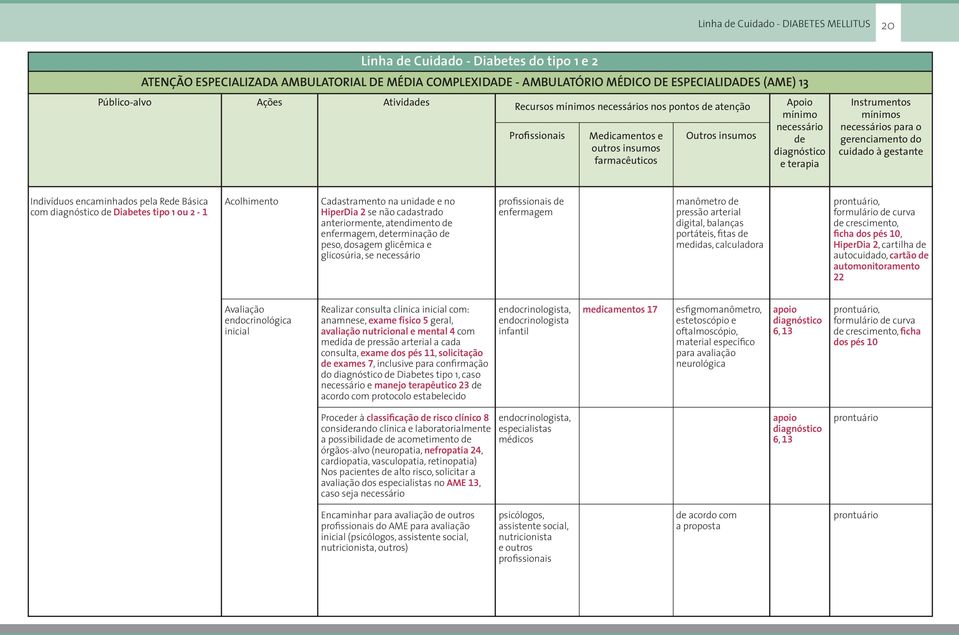 Instrumentos mínimos necessários para o gerenciamento do cuidado à gestante Indivíduos encaminhados pela Rede Básica com diagnóstico de Diabetes tipo 1 ou 2-1 Acolhimento Cadastramento na unidade e