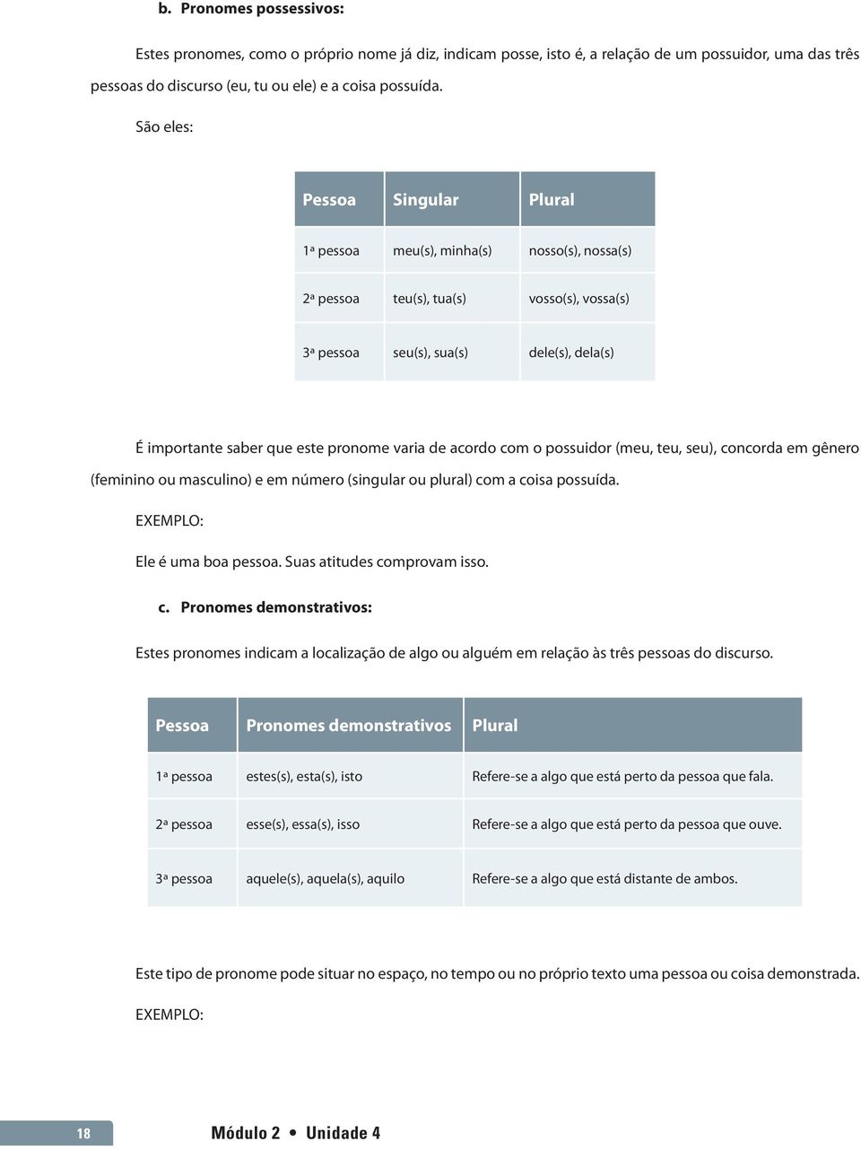 pronome varia de acordo com o possuidor (meu, teu, seu), concorda em gênero (feminino ou masculino) e em número (singular ou plural) com a coisa possuída. EXEMPLO: Ele é uma boa pessoa.