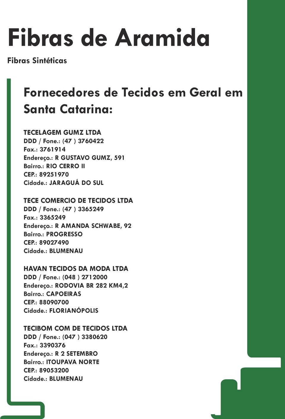 : PROGRESSO CEP.: 89027490 Cidade.: BLUMENAU HAVAN TECIDOS DA MODA LTDA DDD / Fone.: (048 ) 2712000 Endereço.: RODOVIA BR 282 KM4,2 Bairro.: CAPOEIRAS CEP.