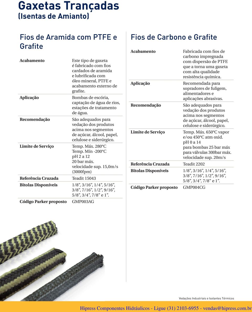 Recomendação São adequados para vedação dos produtos acima nos segmentos de açúcar, álcool, papel, celulose e siderúrgico. Limite de Serviço Temp. Máx. 280 C Temp. Mín -200 C ph 2 a 12 20 bar máx.