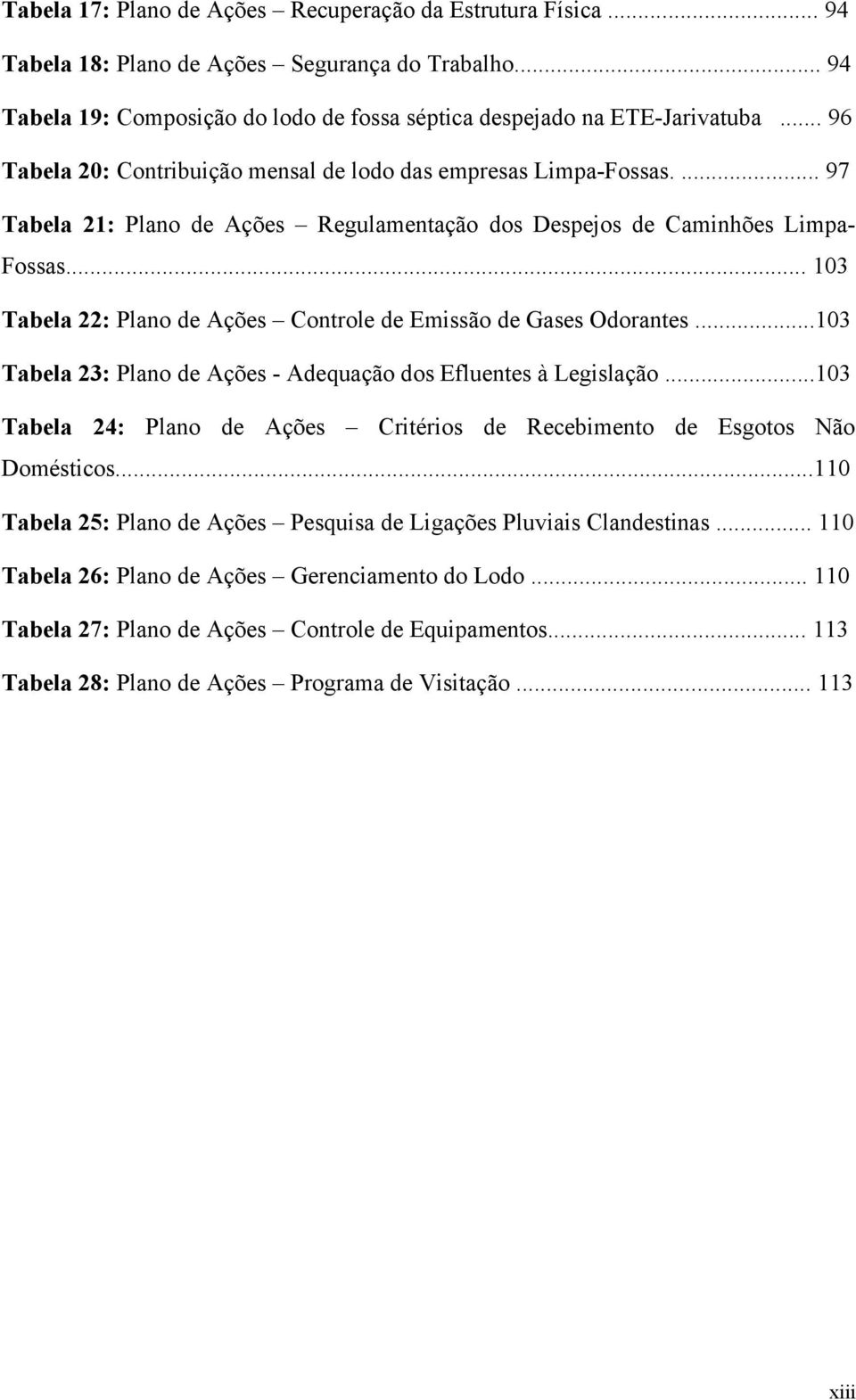 .. 103 Tabela 22: Plano de Ações Controle de Emissão de Gases Odorantes...103 Tabela 23: Plano de Ações - Adequação dos Efluentes à Legislação.