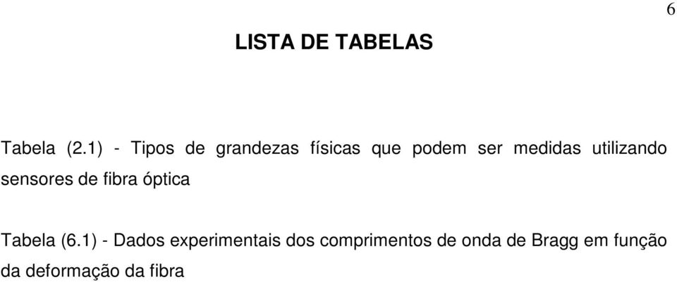 utilizando sensores de fibra óptica Tabela (6.