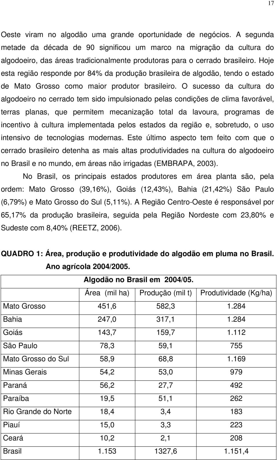 Hoje esta região responde por 84% da produção brasileira de algodão, tendo o estado de Mato Grosso como maior produtor brasileiro.