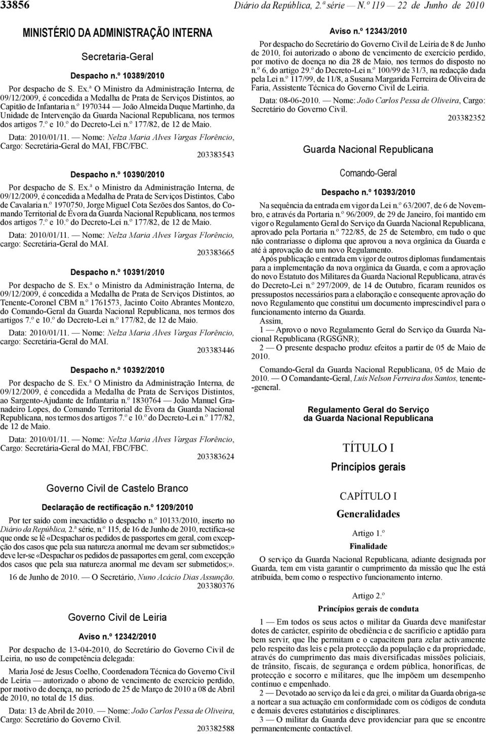 º 1970344 João Almeida Duque Martinho, da Unidade de Intervenção da Guarda Nacional Republicana, nos termos dos artigos 7.º e 10.º do Decreto -Lei n.º 177/82, de 12 de Maio. Data: 2010/01/11.