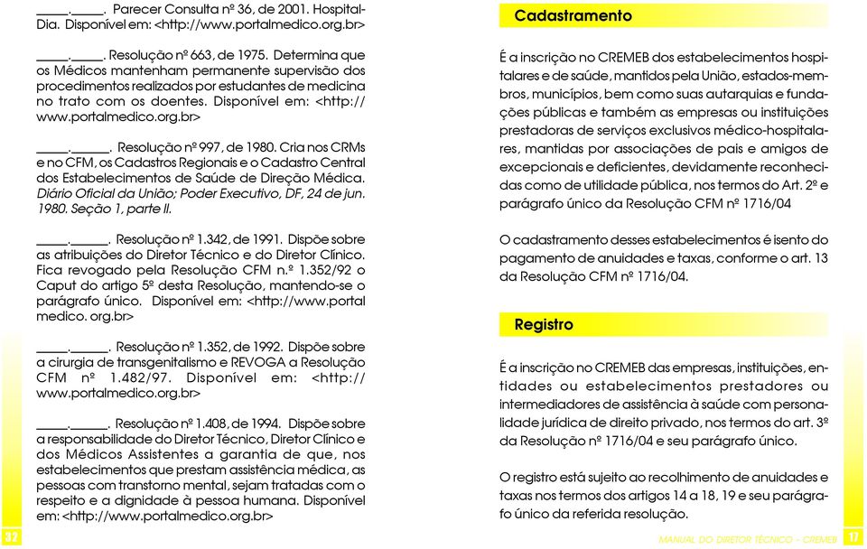 . Resolução nº 997, de 1980. Cria nos CRMs e no CFM, os Cadastros Regionais e o Cadastro Central dos Estabelecimentos de Saúde de Direção Médica.