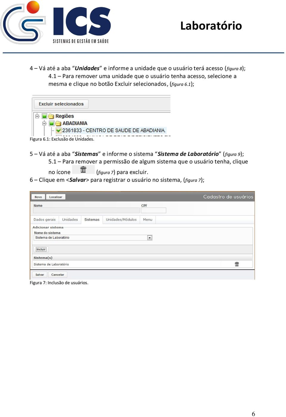 1); Figura 6.1: Exclusão de Unidades. 5 Vá até a aba Sistemas e informe o sistema Sistema de Laboratório (figura 9); 5.